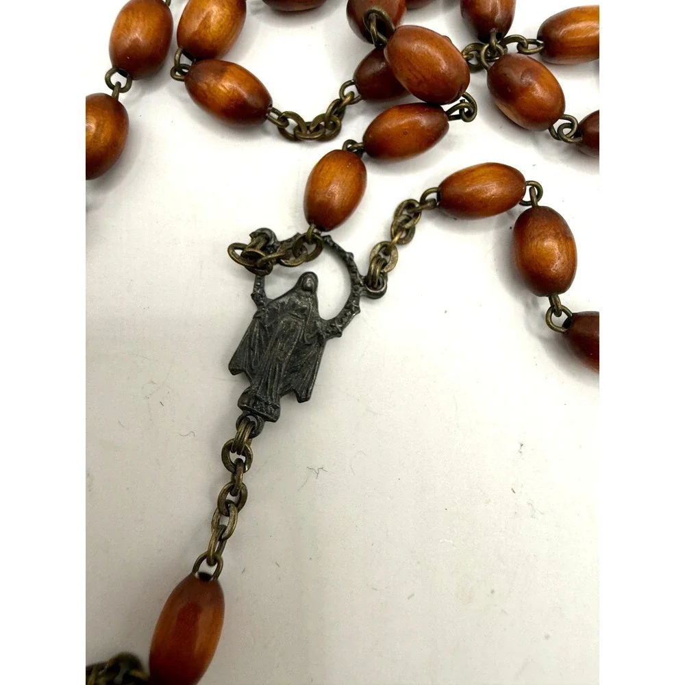 Vintage Missionhurst Wood Bead Rosary Catholic Crucifix‎ Silver Tone Jesus Cross
